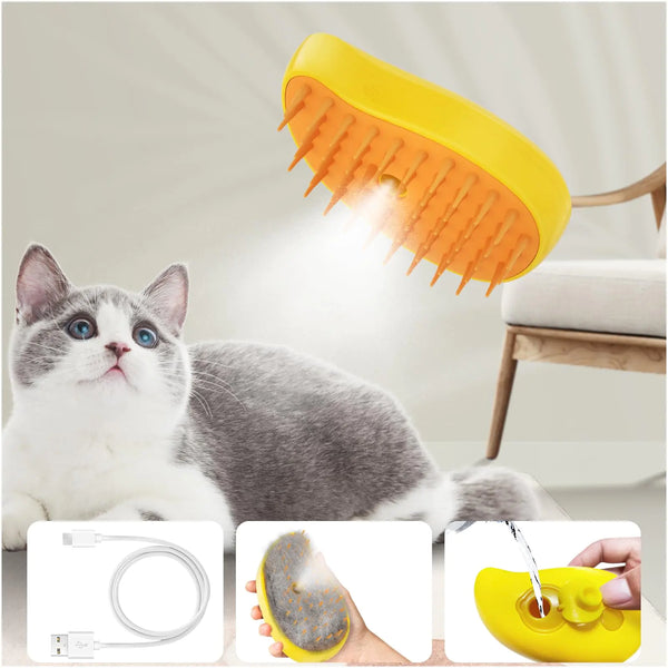 Cat Steam Brush 3 In1 Steam Cat Brush Steam Brush for Cats Steamy Cat Brush Rechargeable Silicone Steam Pet Brush Multifunctional Pet Hair Comb for Removing Tangled And Loosse Hair (Yellow)