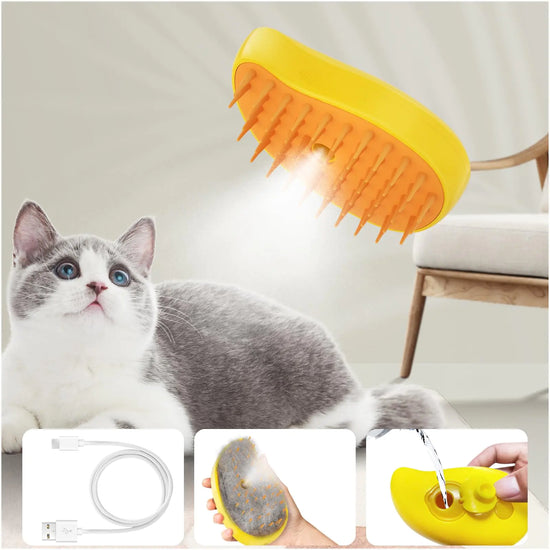 Cat Steam Brush 3 In1 Steam Cat Brush Steam Brush for Cats Steamy Cat Brush Rechargeable Silicone Steam Pet Brush Multifunctional Pet Hair Comb for Removing Tangled And Loosse Hair (Yellow)
